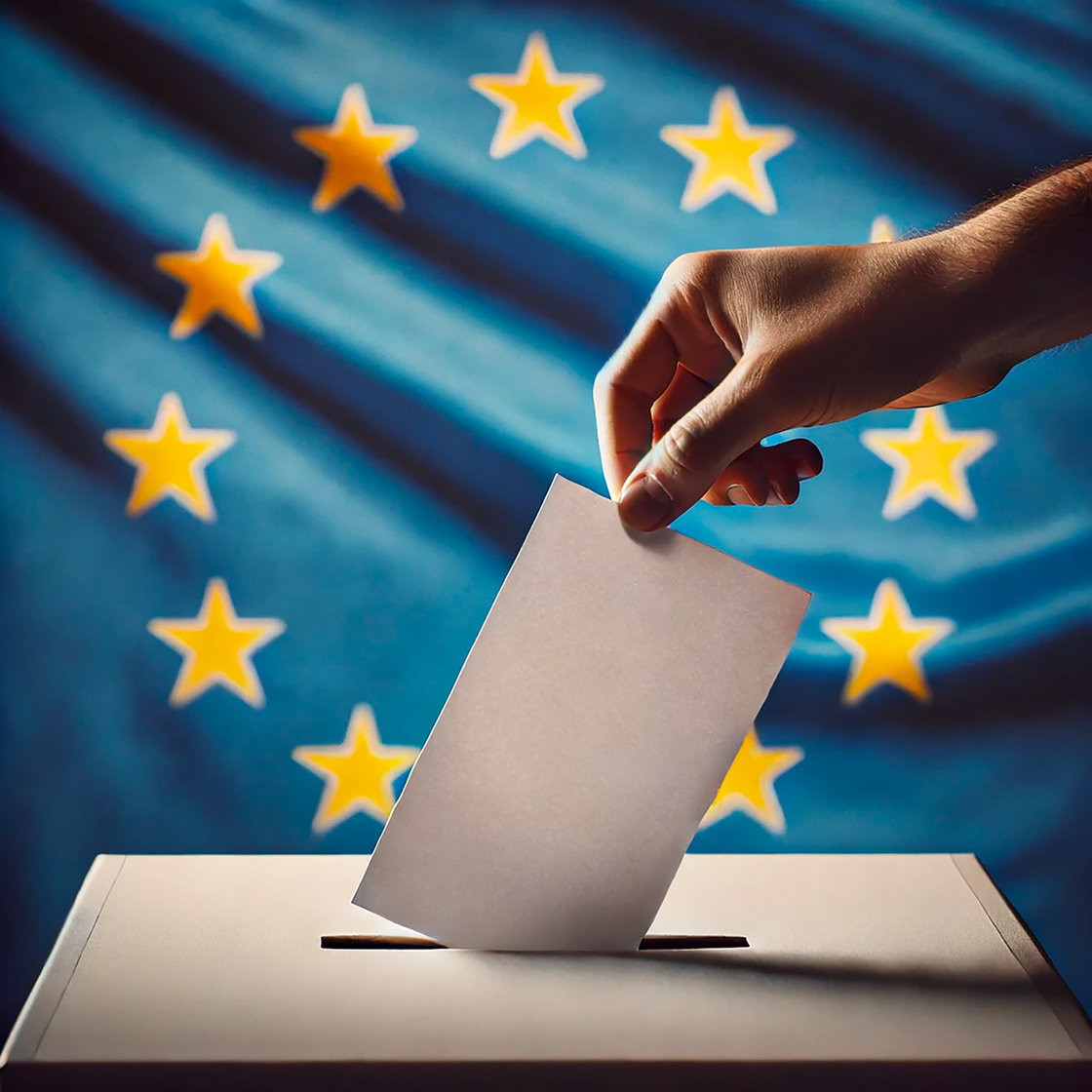 Une main déposant un bulletin de vote dans un ballot. Derrière un drapeau Européen 