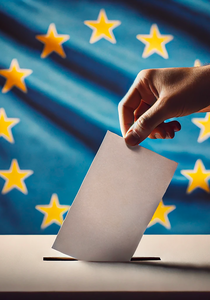 Une main déposant un bulletin de vote dans un ballot. Derrière un drapeau Européen 