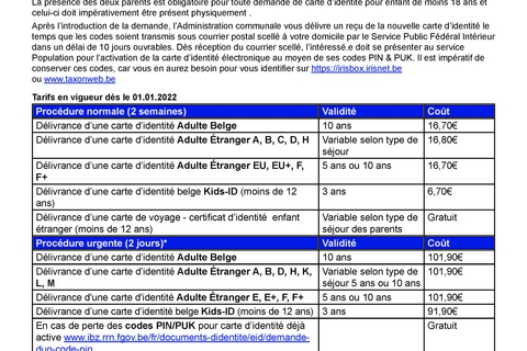 Tarifs carte d'identité